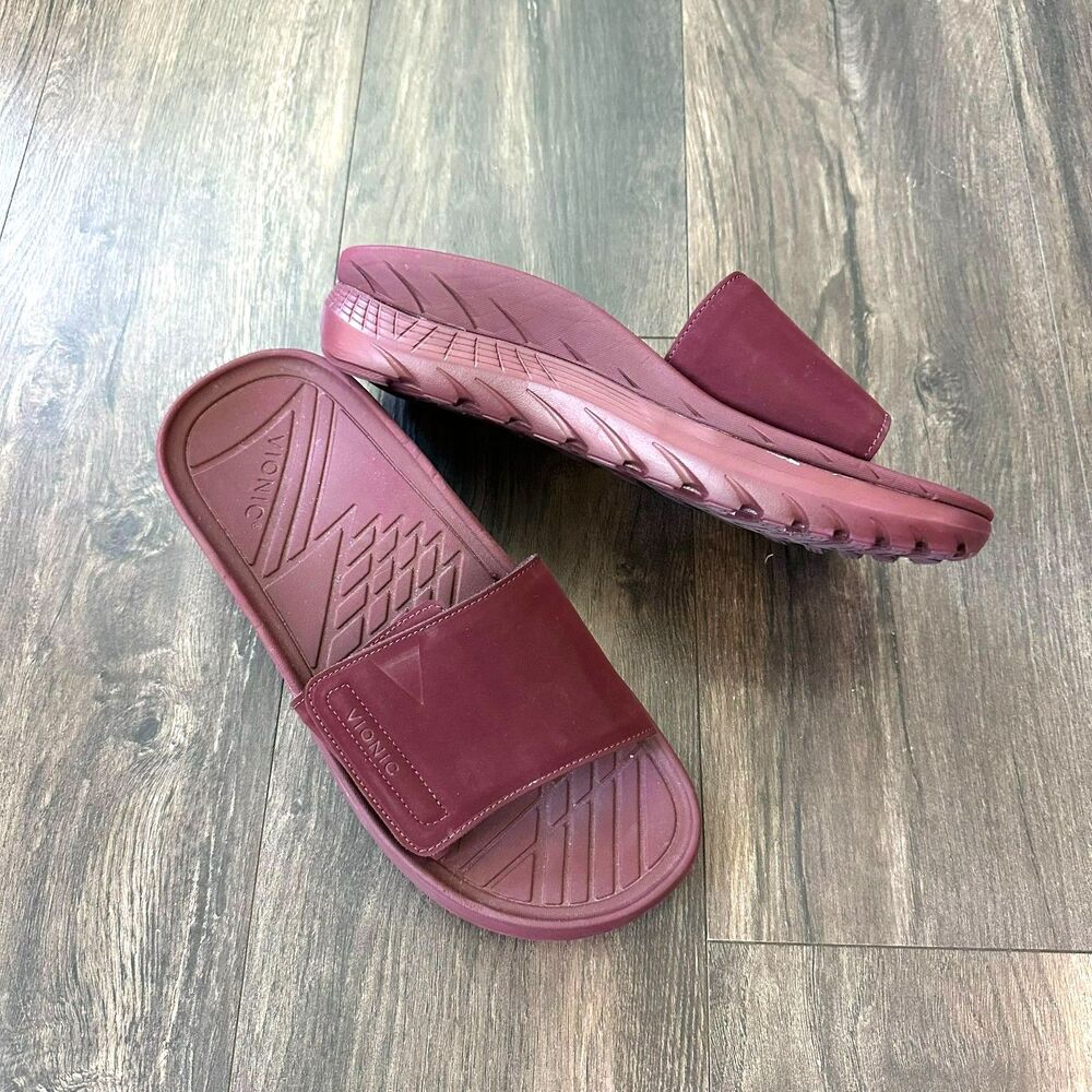 NWOT Vionic Rejuvenate Recovery Slide Sandal Shoe Cinder Rose Wine Red M11.5/W13